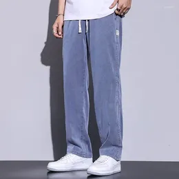 Men's Pants Summer Solid Colour Elastic Waist Straight Man High Street Casual Loose Pockets Drawstring All-match Cowboy Thin Trousers