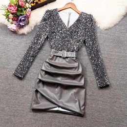Party Dresses Women's Dress Outfit High Quality Suits Women V Neck Long Sleeve Top Elastic Waist Slim Skirt Fashion Diamonds Two Pieces