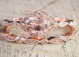 2 PcsSet Crystal Ring Jewellery Rose Gold Colour Wedding Rings For Women Girls Gift Engagement Wedding Ring Set5015653