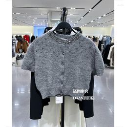 Women's Knits Diamonds Beading Trend Cardigans Grey Colour Short Sleeves Knit Elegant Sweater Coat Crop Tops