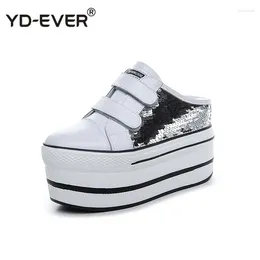 Fitness Shoes Shiny Sequine Women Platform Wedge High Heel Casual Lace Up Slippers Hight Increasing Sneakers Pumps