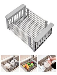 2020 Rack Drain Basket Stainless Steel Telescopic Sink Dish Drainers For Kitchen Drain Sh Installation Kitchen Holder5268988