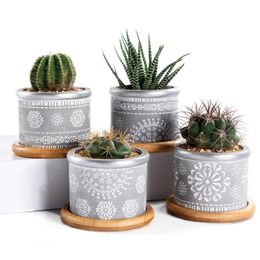 4In Set 295Inch Cement Succulent Planter PotsCactus Plant Pot Indoor Small Concrete Herb Window Box Container With Bamboo Y200721269881