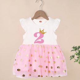 Happy Birthday Print Number 16th Girls Flying Sleeve Dresses Cute Kids Party for Princess Dress Tops Baby Clothing 240428