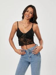 Women's Tanks Lace Slim Cami Tops Tie Front Spaghetti Strap Vest Show Navel Cropped Mesh Camisole