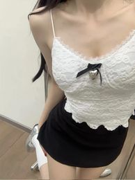 Women's Tanks Summer Underwear Korean Preppy Style Three-dimensional Love Bow Embellishment Lace Splicing Double Wavy Hem Sling With Chest