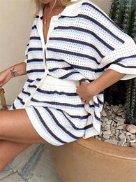 Women's Tracksuits 2 Piece Sets Women Striped Contrast Knit Loungewear Button Down Short Sleeve Tops And Shorts Beach Casual Loose