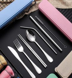 Stainless Steel Flatware Set Portable Cutlery Set For Outdoor Travel Picnic Dinnerware Set Metal Straw With Box And Bag Kitchen SN8349905