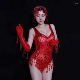 Stage Wear Red Rhinestone Jumpsuit Pole Dance Costume Headwear Dancer Singer Nightclub Bar Party Carniva Clothing VDB6158