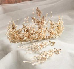 Fashion Luxury Crown Wedding Headband Bridal Tiara Diadema Pearl Jewelry Gold Color Hair Accessories Women Headpiece 2110195752424
