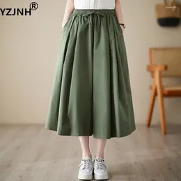Women's Pants YZJNH 2024 Summer Thin Wide Legged Women Loose Casual Solid Colour Cotton Elastic Waist Calf-Length Pant Skirt