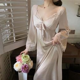 Women's Sleepwear Women Nightgowns French Court Style Nightdress Solid V-neck Lace Bow Long Dress Fairy Sweet Elegant Casual Chic