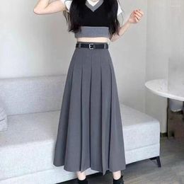 Black Skirt Elegant Midi Skirts Women Vintage High Waist Pleated Streetwear Korean Fashion Grey Casual All Match A Line Sk