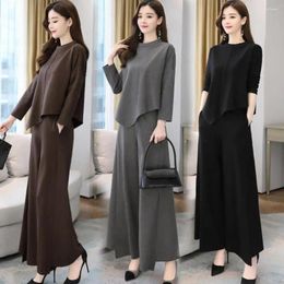 Work Dresses 2 Pcs/Set Culottes Top Suit Long Sleeve Blouse High Waist Wide Leg Deep Crotch Loose Trousers Commute Set