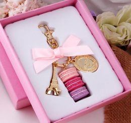 Keychains Effiel Tower Macarons Ribbon Woman Luxury Macarons Cake Keychain on Bag Charm Handbag Charms Car Keychain Gift Box15574861