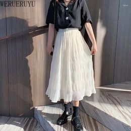 Skirts WERUERUYU Black Long Skirt Women Stretch High Waist Solid Chiffon A-Line Casual Pleated Midi Faldas Saias