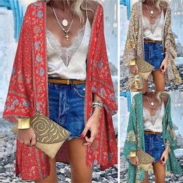 Summer Bohemian Beach Printed Cardigan Jacket Long Sleeve Leisure Holiday Swimsuit Blouse Shawl Coat M-5XL