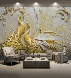 Dropship Custom Mural Wallpaper For Walls 3D Stereoscopic Embossed Golden Peacock Background Wall Painting Living Room Bedroom Hom4785580