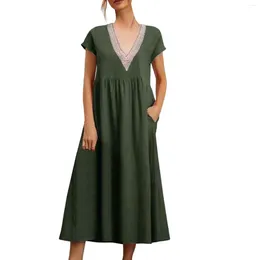 Casual Dresses Women's Fashion Solid Colour Lace V Neck Sleeveless Loose Cotton And Linen Pocket Dress For Women