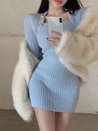 Casual Dresses 2024 Winter Blue Sexy Slim Bodycon Dress Woman Korean Fashion Elegant Knitted Short Party Y2k Mini Office Lady Chic