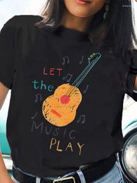 Women's T Shirts 2024 Women T-shirt Playing Guitar Design Print Black Shirt Femme Harajuku Kawaii Clothes Short Sleeve Tshirt Ladies Top