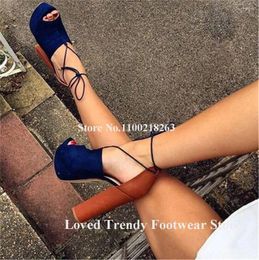 Sandals Elegant Patchwork Chunky Heel Peep Toe Blue Beige Straps Cross High Platform Thick Dress Shoes Big Size Club Heels