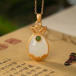 Pendant Necklaces High-End S925 Sterling Silver Copper Coin Necklace Ethnic Style Ins Niche Inlaid Pure Natural Stone Lucky Bag