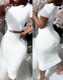 Work Dresses Simple Casual Skirt Two-Piece Set 2024 Summer Solid Colour Round Neck Short-Sleeved Top & Hip Tight High Waist Suit