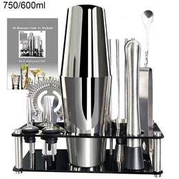 13 Piece 750ml 600ml Cocktail Shaker Set Stainless Steel Bar Tools with Black Stand Jigger Spoon Pourers 240429