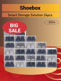 24Pcs Foldable Shoe Box Set Stackable Organiser Storage Drawer Plastic Clear Thickened 240427