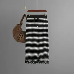 Skirts Casual Tassels Stripe Knitting Skirt For Spring And Summer Women's 2024 Korean Midi Dress Women Bottoming