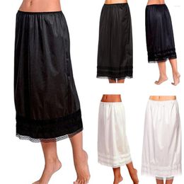Women's Sleepwear Solid Satin Half Slips Skirt Elastic Waist Lace Trim Long Underskirt Ladies Underwear Slip
