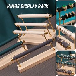 Jewelry Pouches Wooden Base Velvet Rings Organizer Holder Three Layers Display Stand Storage Rack Counter Ring