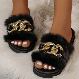 Slippers 2024 Winter Plush Women Fashion Open Toe Platform Women's Sandals Metal Chain Warm Slides Outdoor Casual Ladies Shoes