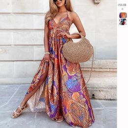 Female Cover Up Beach Bathing Suits Playa Swimsuit Dress Long Outfits 2024 Bohemian Style Strap Print Vacation Polyester Spandex