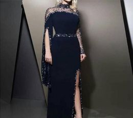 2020 New Formal High Neck Navy Blue Evening Dresses kaftan Dubai Beaded Long Sleeve Party Gowns Modest robe de soiree Split Prom D8443837