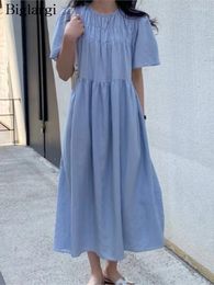 Party Dresses Summer Long Dress Women Loose Pleated Korean Style Short Sleeve Ladies Ruffle Fashion Casual Woman