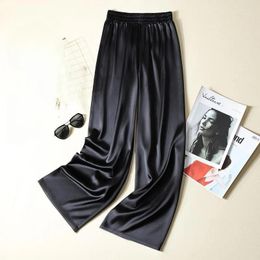 Women's Pants Satin Troussers Korean High Waist Elastic Elegant Large Size Fall Fashion Wide Leg Loose SQ78