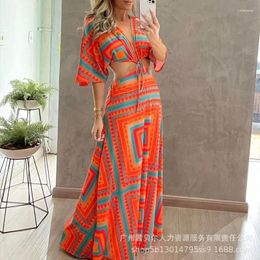 Party Dresses Geometric Print Plunge Batwing Sleeve Maxi Dress Long Lace Up Loose Waist Wedding Sleeveless Summer Vestidos