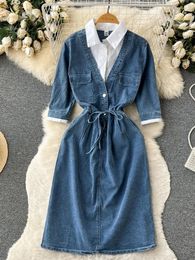 Party Dresses 2024 Summer Vintage Fashion Denim Dress Women Patchwork Design Jean Long Lady Elastic Waist Female Vestido Rober