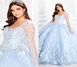 Luxury Light Blue Evening Dresses With Wrap Sleeveless Ball Gown Appliqued Lace Hand Made Flower Sequins Beaded Sweep Train Party 1065734