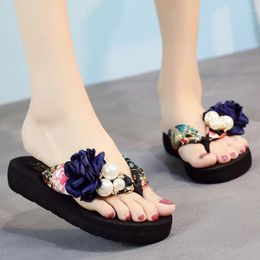 Slippers Women's Beach Summer Thick Heeled Sandals Flower Wedge House Shoes Floral String Bead Flip-Flop