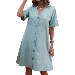 Basic Casual Dresses Solid Color Women V Neck Single-breasted Cardigan Dresses 2023 Elegant Casual Midi Dress Female Office Comfortable Commuter Wear Y240429