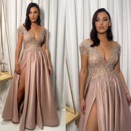 Dust pink a line Prom Dress sheer neck cap sleeves satin Evening Dress elegant appliqued pleats split Formal Long Special Occasion gown