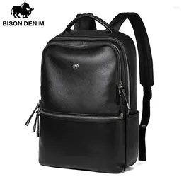 Backpack BISON DENIM Genuine Leather Men Laptop School Bag 2024 Fashion Waterproof Travel Casual Book