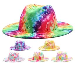 Wide Brim Hats Fedora Tie Dye Print Jazz Cap Multicolor Red Green Felted Men Women Spring Winter Vintage Outdoor3017565