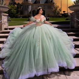 Sparkly Lace Pearly Quinceanera Dresses Puffy Beaded Sweet 16 Ball Gown Tulle 3D Floral Off Shoulder Prom Gown