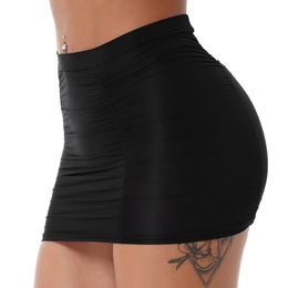 Womens Ladies Mid Waist Stretchy Shirring Sexy Miniskirt Summer Mini Skirts Elastic Waistband Ruched Skirt for Party Nightclub 240419