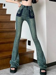 Women's Jeans Casual Bronze Rivet Color Contrast Denim Slim Bell-Bottoms 2024 Fashion Clothing