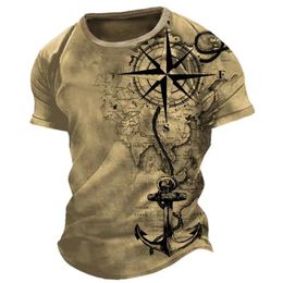 Vintage Mens Tshirt Summer American Shirt Tops Compass Printed Shortsleeve Tees Loose Daily Men Clothing Casual Streetwear 240423